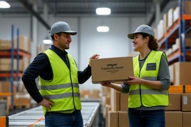 SwiftTrack Logistics warehouse staff organizing packages (1280x832)